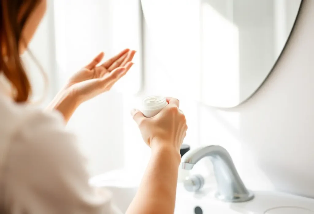 Main de femme appliquant une crème sur son visage devant un miroir, routine matinale