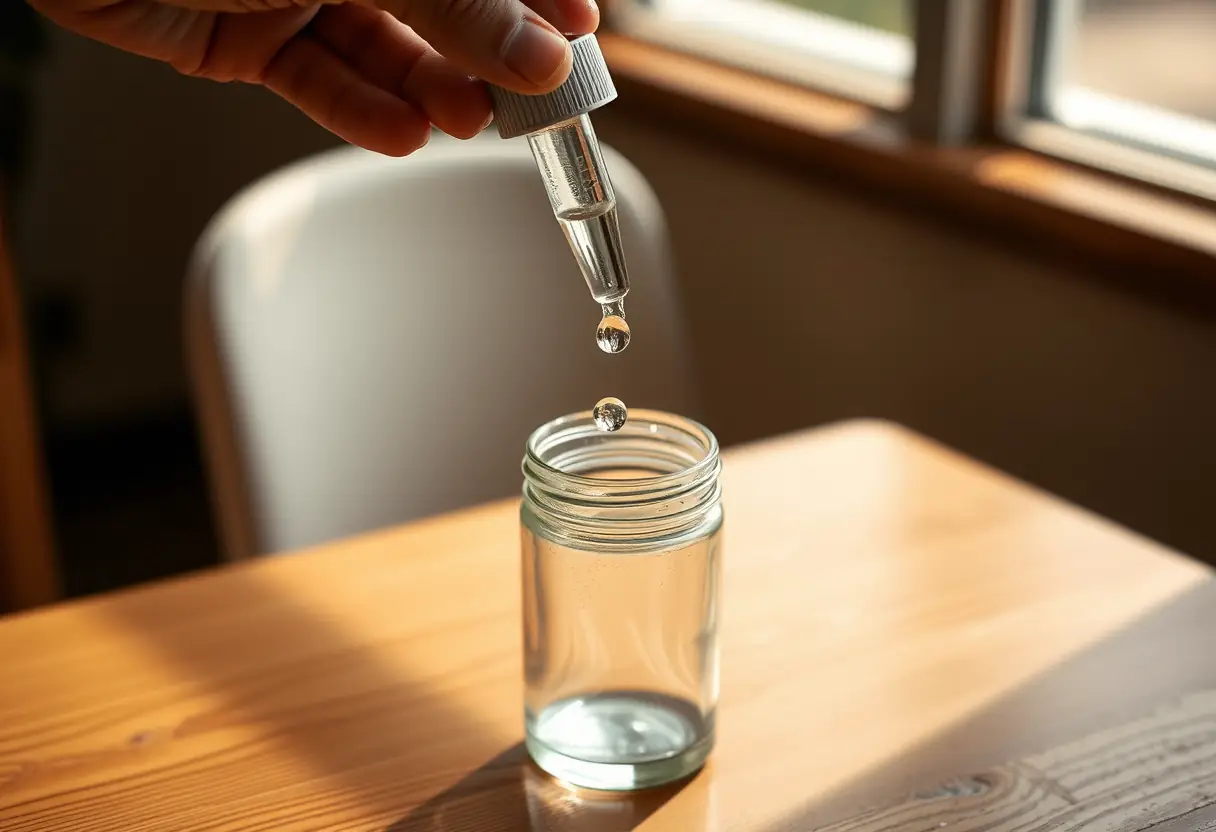 Une main tient une pipette remplie de liquide au-dessus d'un petit pot en verre sur une table en bois. La lumière naturelle souligne les gouttes qui tombent.