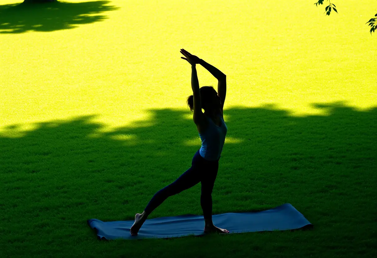 Silhouette de femme en train de faire du yoga sur un gazon vert
