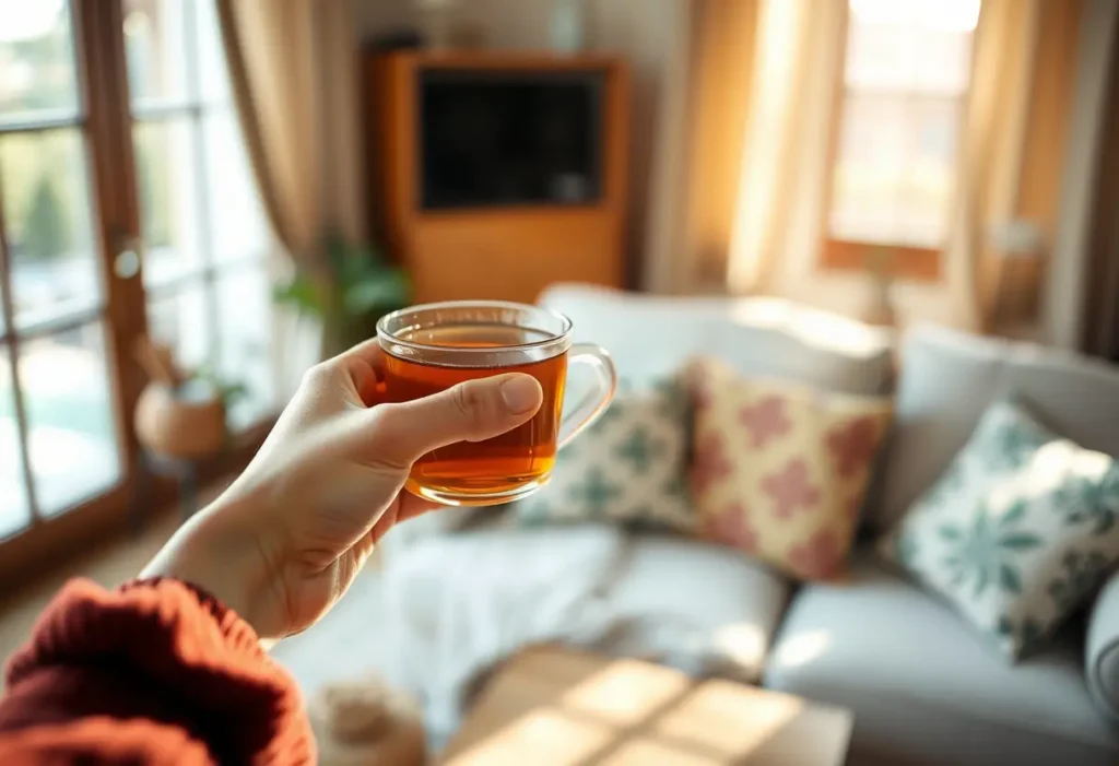 Une main tenant une tasse de thé chaud dans une pièce accueillante, propice au bien-être et à la sérénité