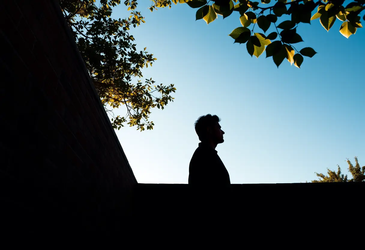 Un profil d’une personne contre un mur en brique sous un ciel bleu clair, symbolisant la résilience et la force intérieure