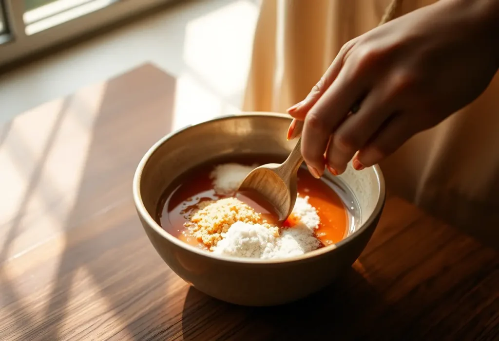 Une main féminine mélange délicatement du miel et des grains de sucre dans un bol