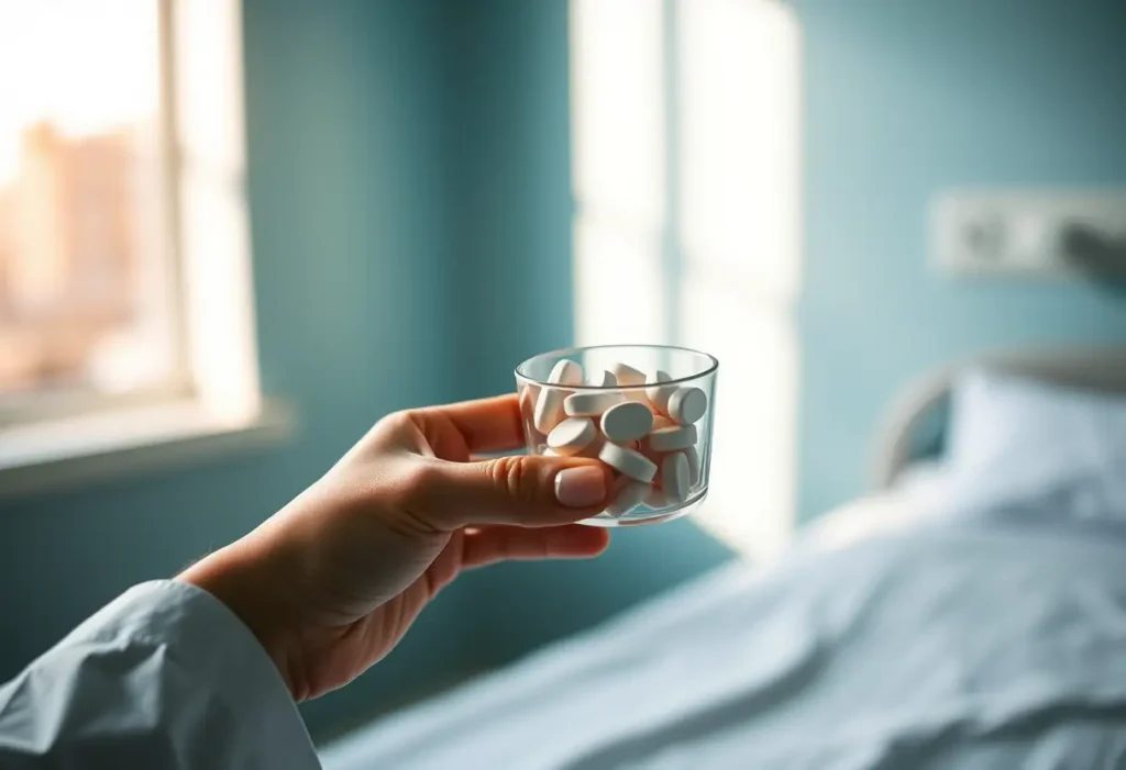 Une main tenant un verre de médicaments près d'une fenêtre, symbolisant la guérison