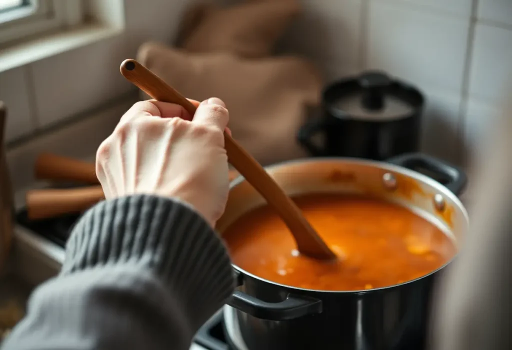 Une main féminine tient une cuillère en bois dans une cuisine accueillante