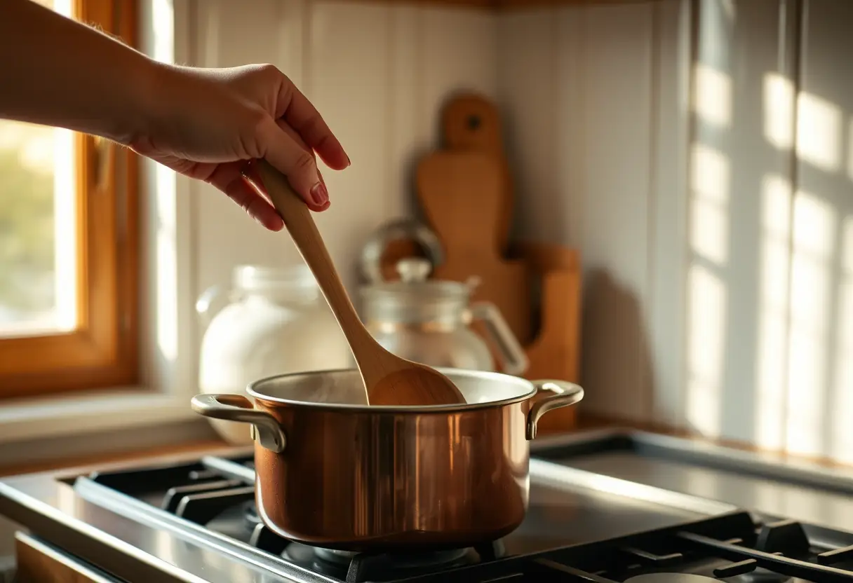 Une main féminine tenant une cuillère en bois au-dessus d'une marmite qui mijote, dans une cuisine accueillante