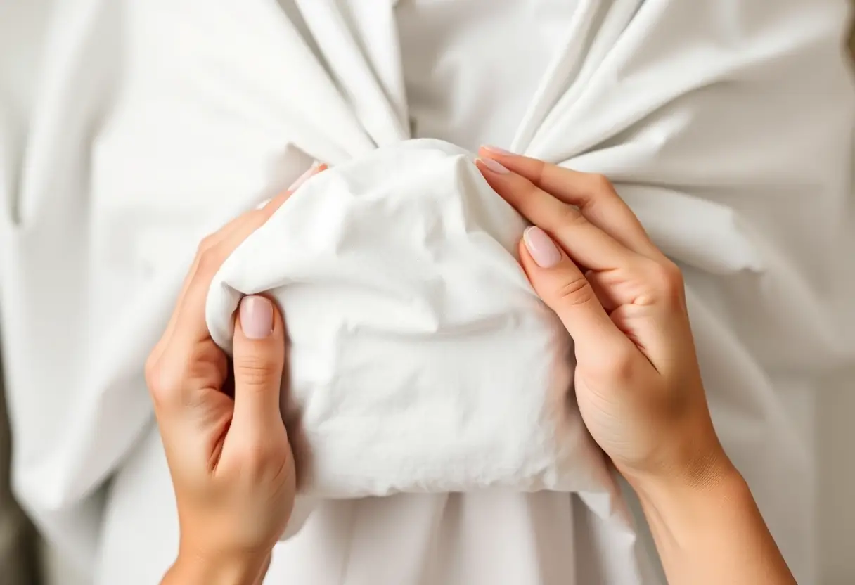 Des mains repliant délicatement un voile d'allaitement, symbolisant la préparation pour l'allaitement