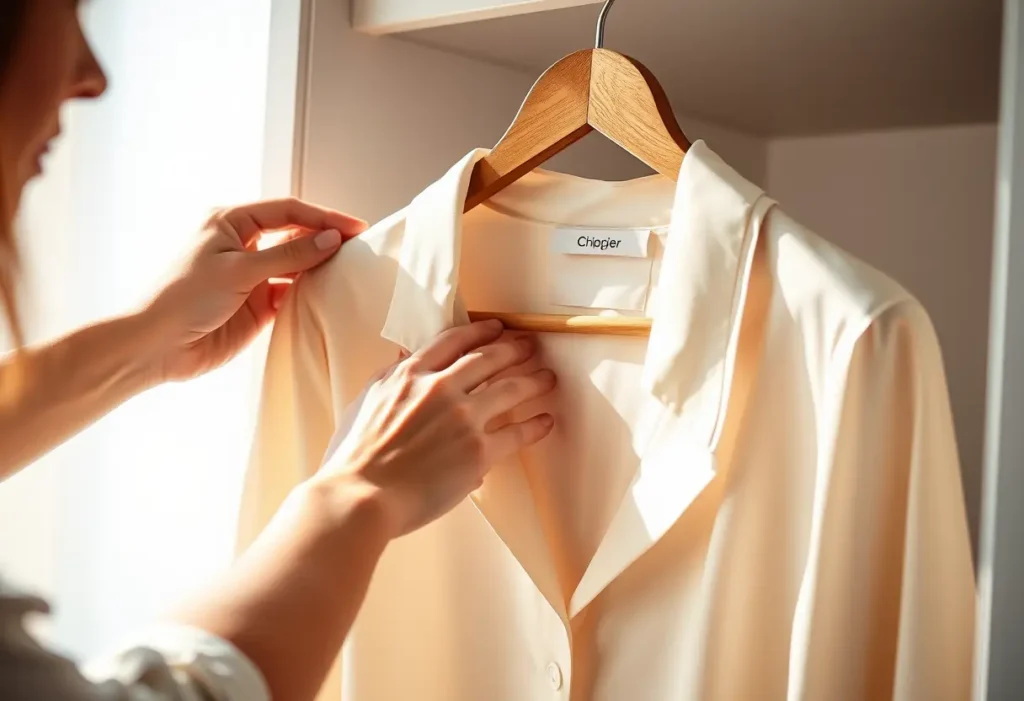 Une main féminine repasse une blouse en soie dans un placard ensoleillé, soulignant le confort et l'attention.