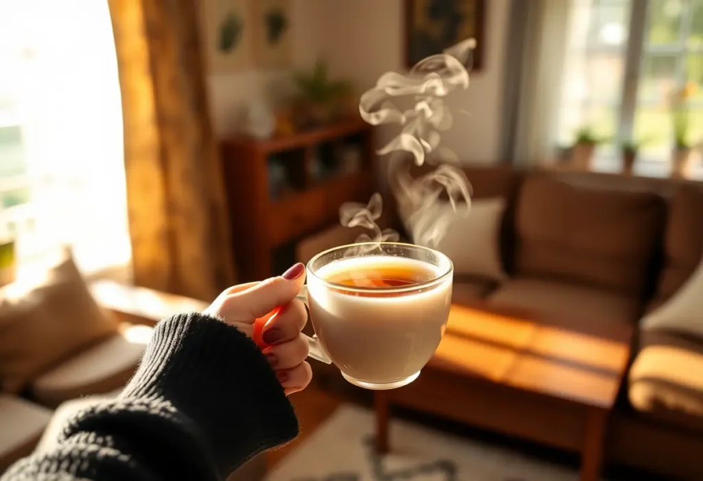 Une main tenant une tasse de thé chaud dans un salon accueillant, lumineuse et apaisante
