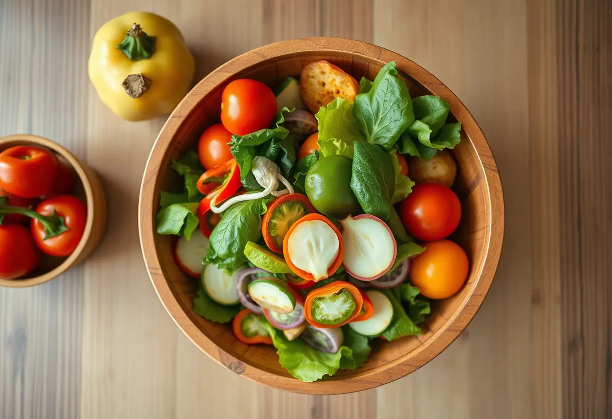 Un bol en bois rempli de légumes frais sur une table, lumineux et réconfortant