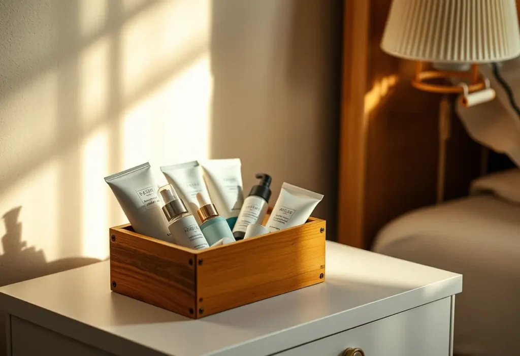 Une petite boîte en bois contenant diverses crèmes et lotions se trouve sur une table de chevet près d'une lampe de chevet éclairant doucement les produits.