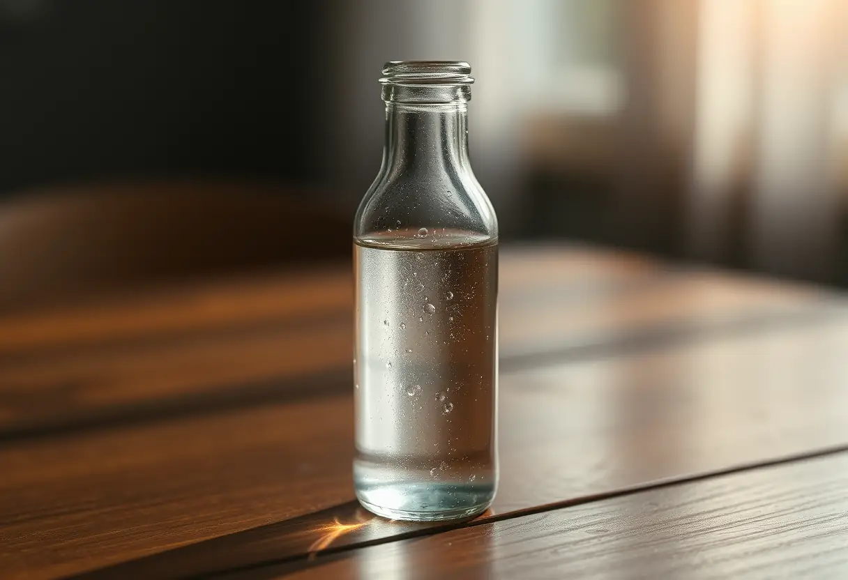 Une petite bouteille en verre contient un liquide clair sous la lumière matinale