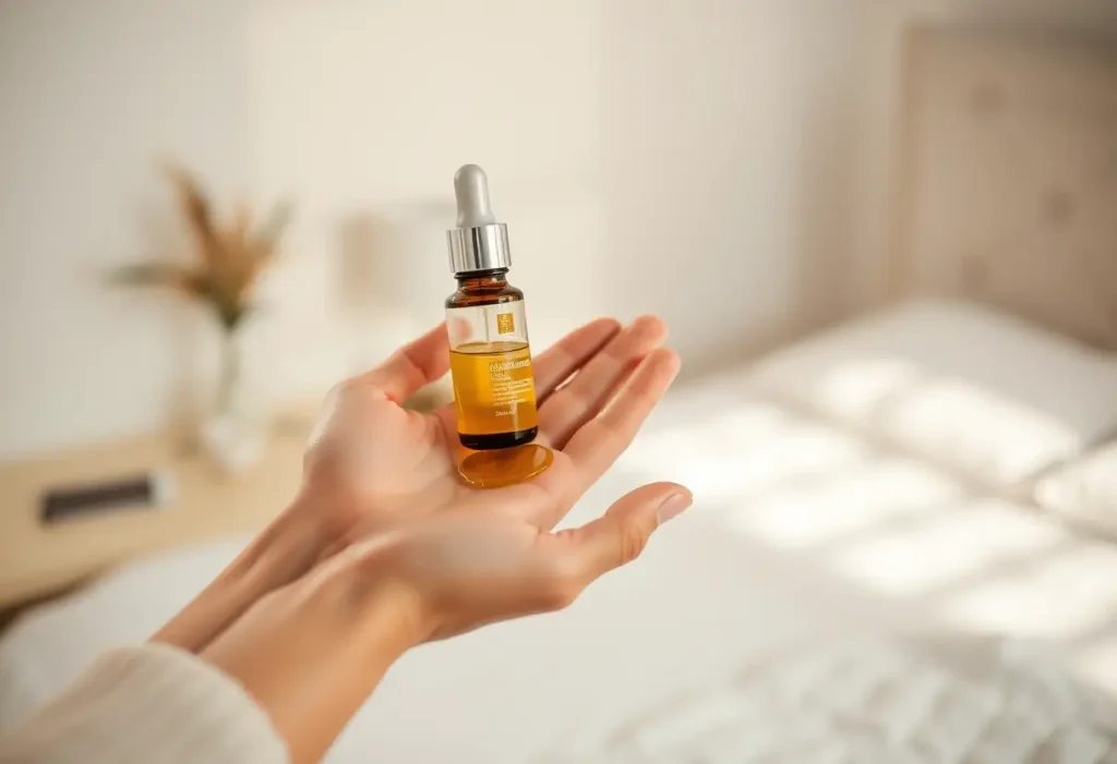 Une main verse un sérum hydratant dans la paume avant de l'appliquer délicatement sur le visage dans une chambre accueillante.
