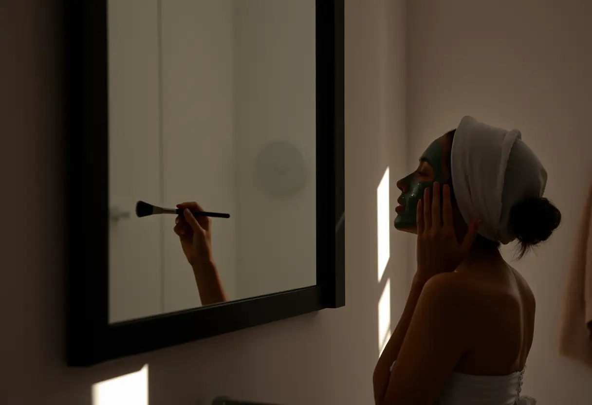 Un silhouette de femme dans une salle de bain applique un masque facial avec un pinceau, le miroir reflète ce moment serein, la lumière naturelle souligne la brillance du masque.