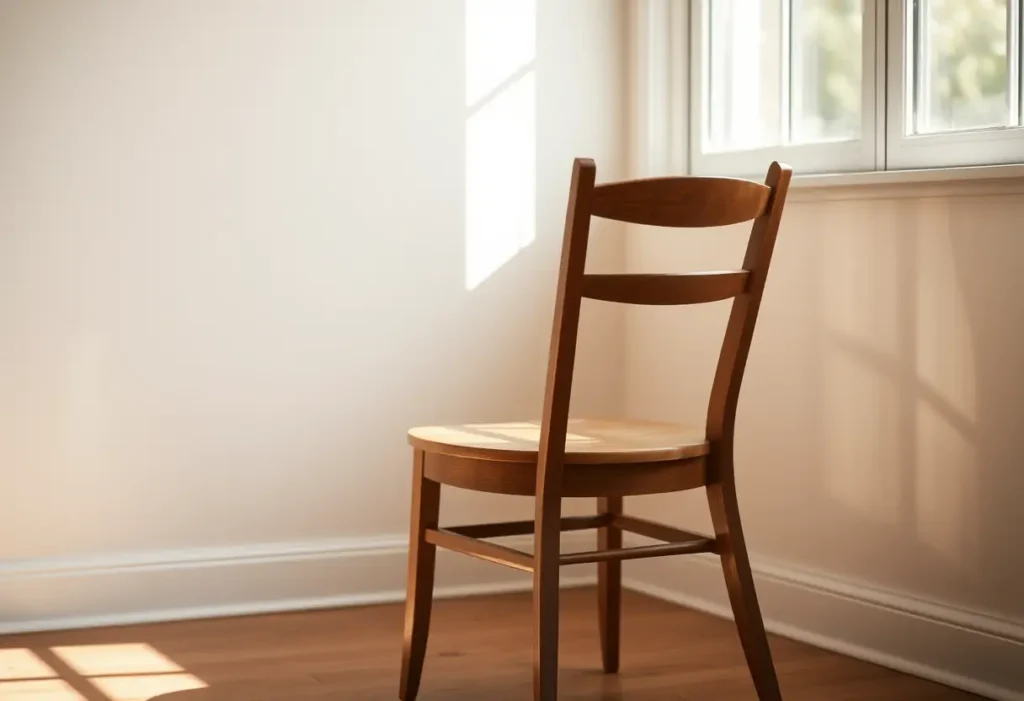 Chaise en bois dans une pièce baignée de lumière naturelle, symbole de confort intérieur et de sérénité