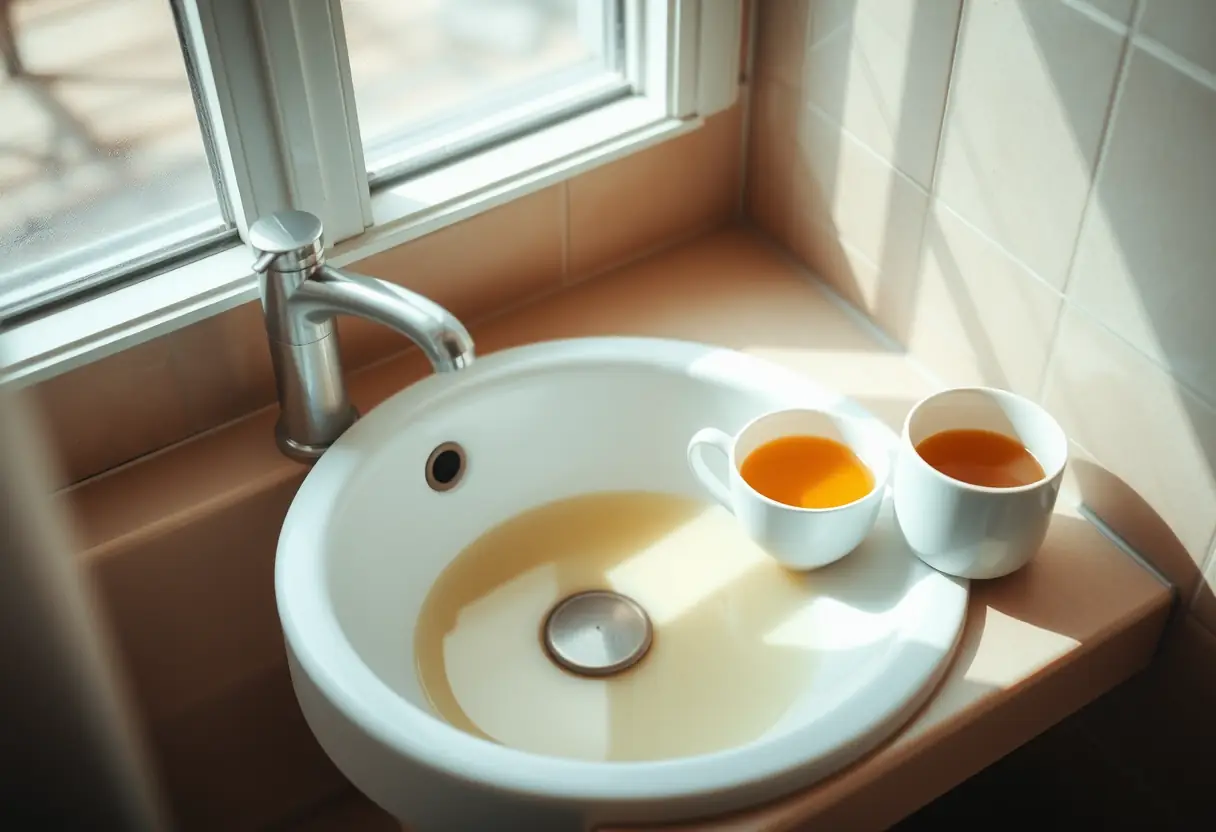 Un lavabo avec une tasse de thé herboristerie, outil de bien-être pour les règles abondantes.