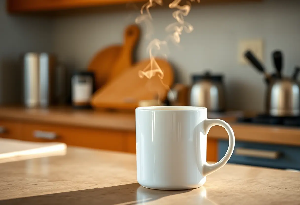 Un plateau de cuisine avec une tasse de thé aux herbes, évoquant les moments de détente nécessaires face aux règles abondantes.