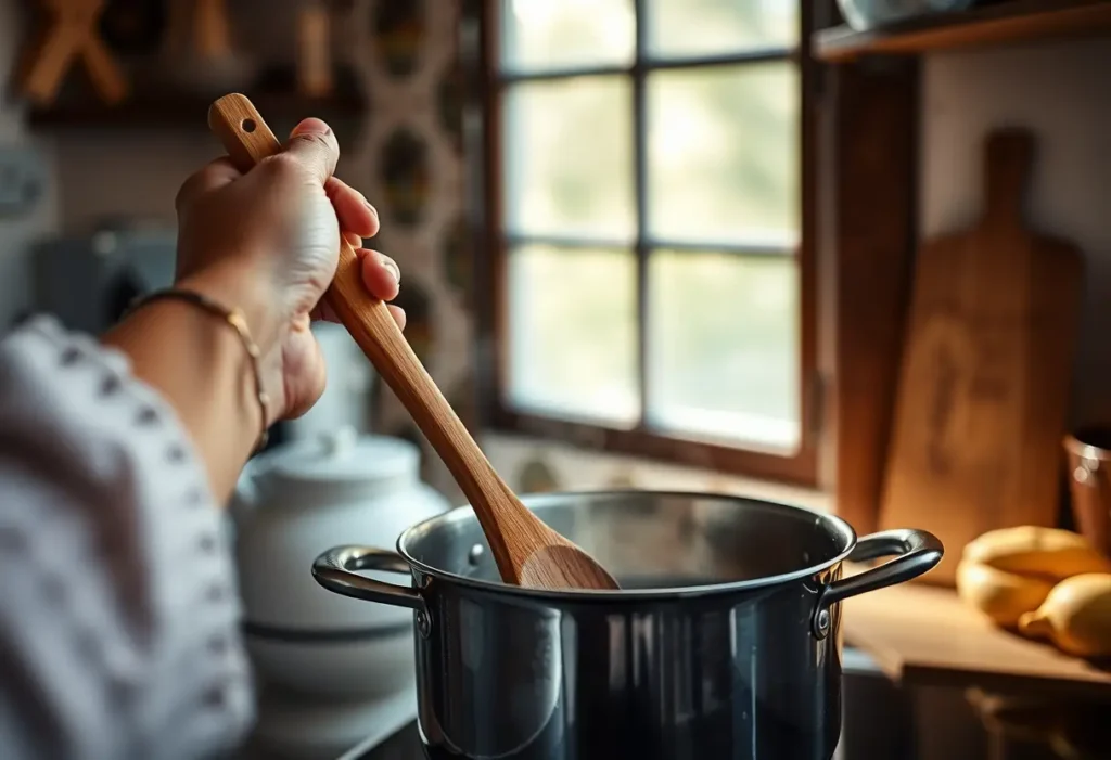Une main féminine tenant une cuillère en bois près d'une casserole sur une cuisinière, éclairée naturellement