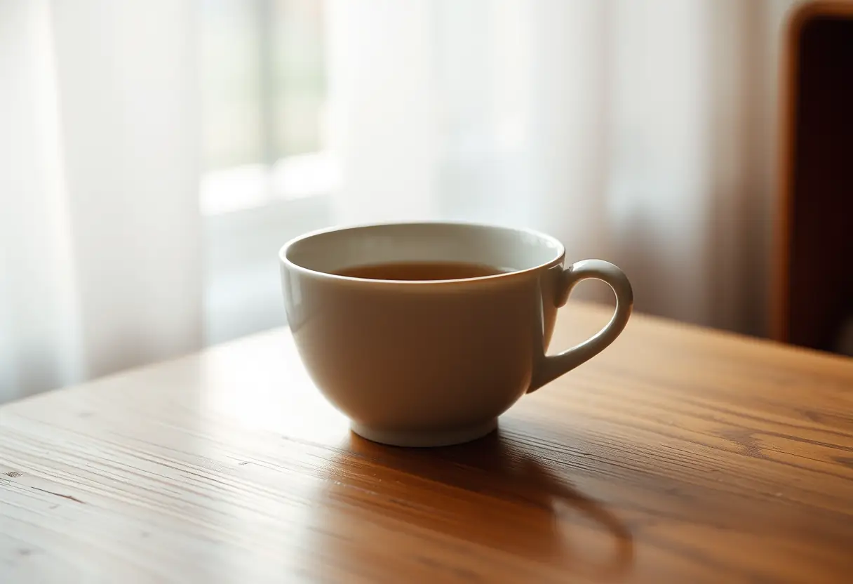 Vue rapprochée d'une table en bois avec une tasse en céramique, éclairée par la lumière du matin