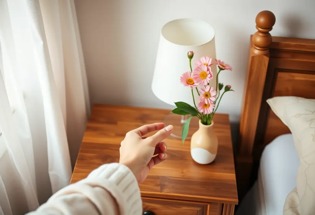 Une main féminine caresse délicatement des fleurs fraîches dans une chambre, représentant soin et beauté naturelle.