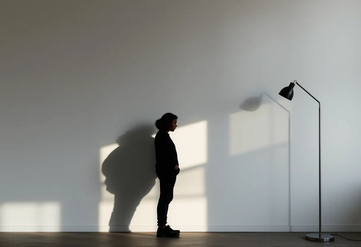 Un contour d'une personne se reflétant contre un mur blanc sous la lumière d'un abat-jour