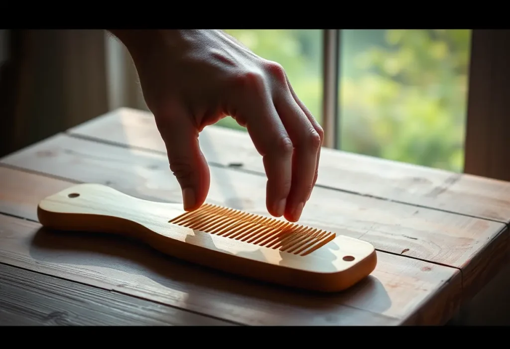 Un homme tient délicatement un peigne en bois sur une table en bois rustique, éclairé par la douce lumière du matin