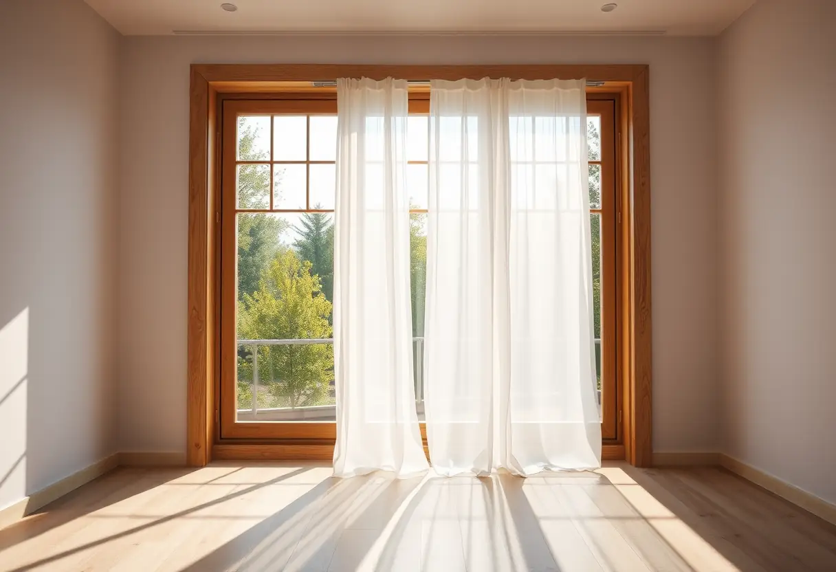 Une grande fenêtre dans un salon avec un rideau blanc qui flotte doucement dans le vent, éclairée par la lumière du soleil