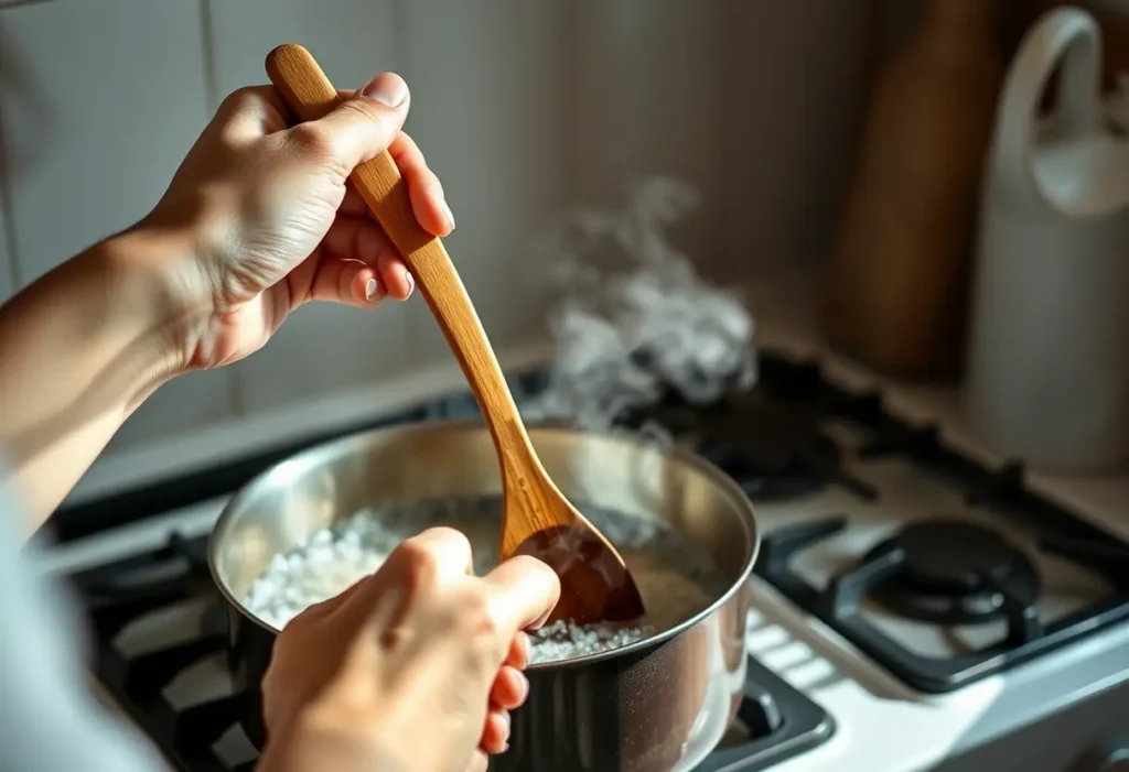Une main tient une cuillère en bois au-dessus d'une marmite chaude, rappelant l'importance de prendre soin de son bien-être.