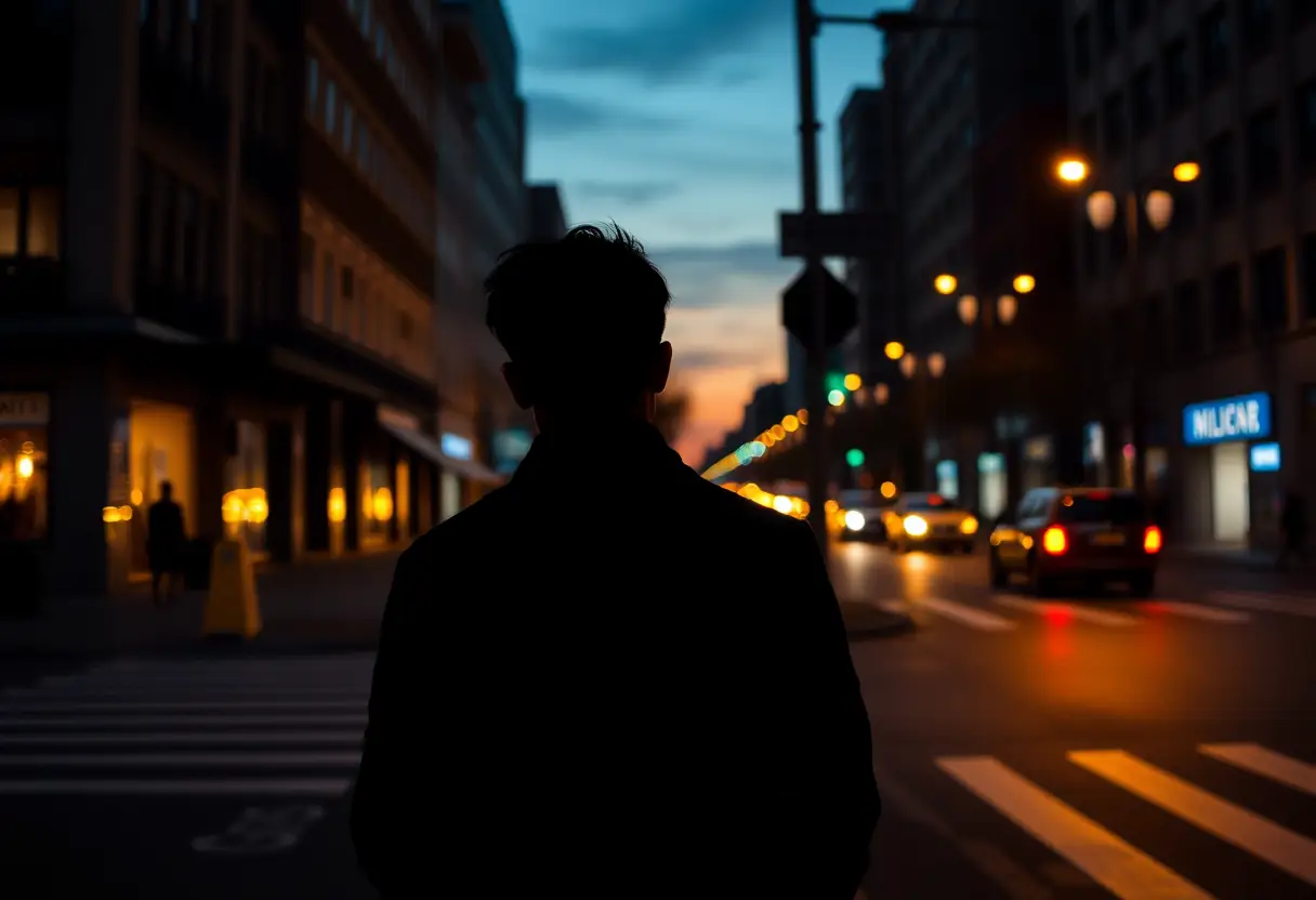 Un silhouetté se tient au coin d'une rue sous le réverbère, symbolisant le chemin vers un mieux-être intime.