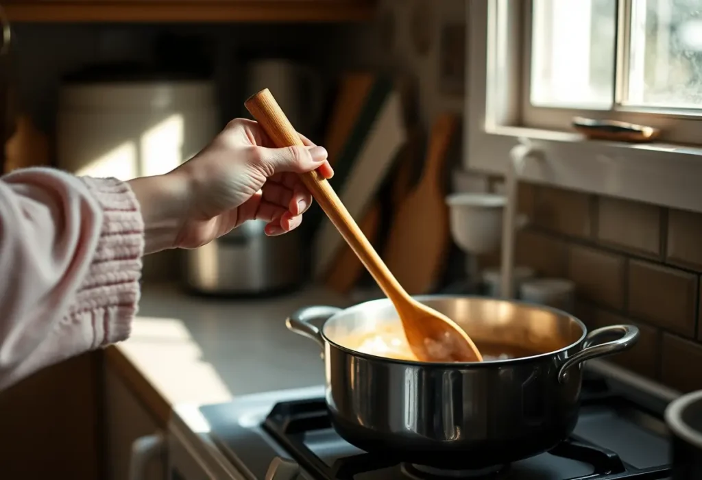 Une main féminine tenant une cuillère en bois au-dessus d'une marmite sur une cuisinière, illustrant le bien-être et l'acceptation de soi.