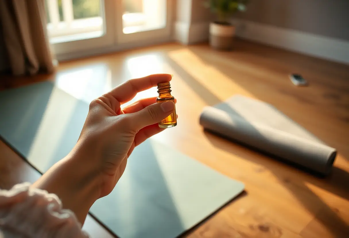 Une main posée sur une petite bouteille en verre remplie d'huiles essentielles près d'un tapis de yoga, éclairée par la lumière du soleil du soir