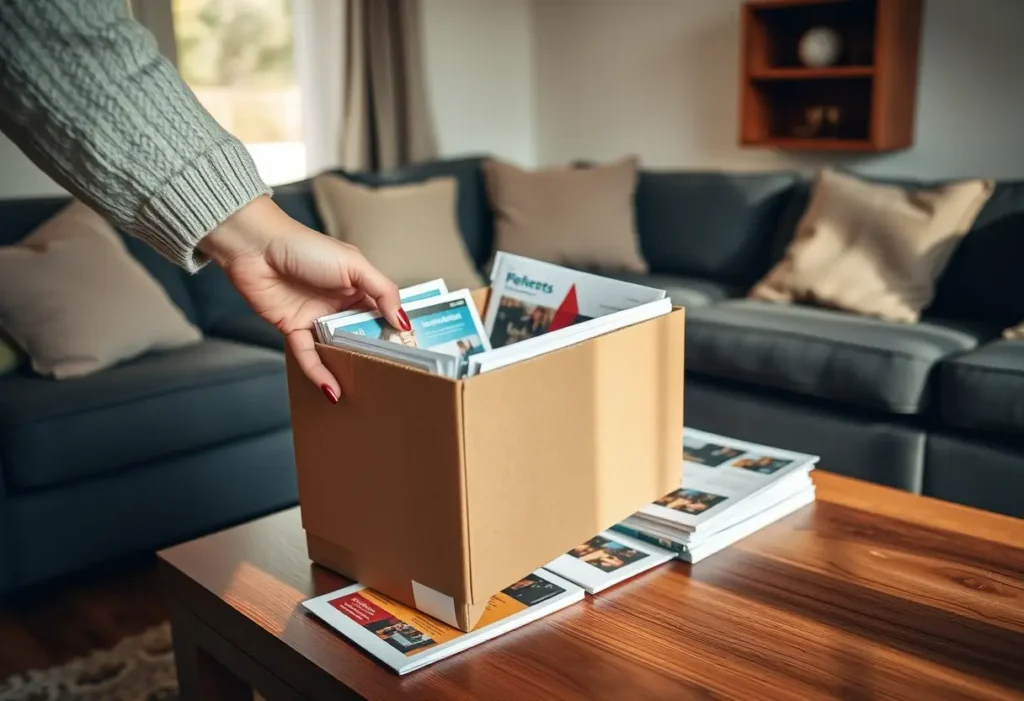 Une main féminine tenant une boîte rectangulaire pleine de brochures sur un guéridon