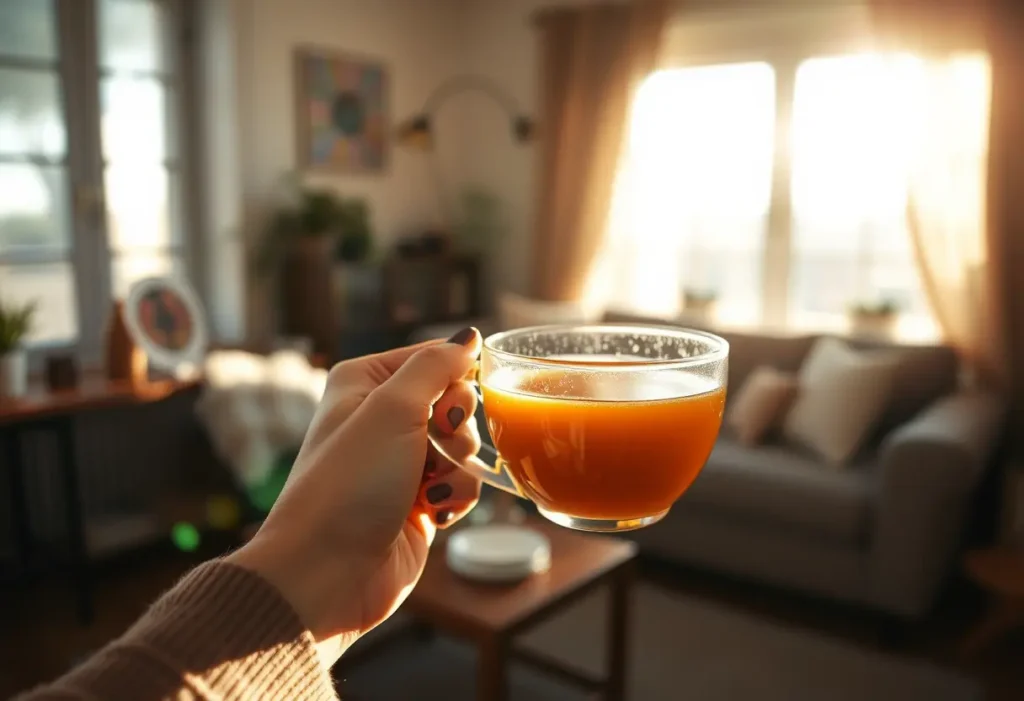 Une main tenant une tasse de thé chaud dans un salon accueillant, propice à la récupération