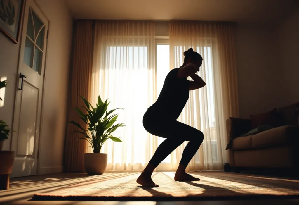 Un silhouettage de personne fait des squats dans un salon, près d'un pot de plante avec la lumière du soleil filtre à travers les rideaux.