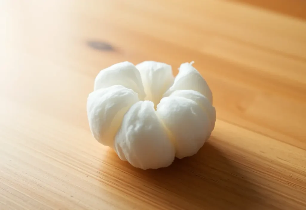 Un coton-tige imbibé de crème hydratante repose sur une table en bois dans une atmosphère douce et apaisante