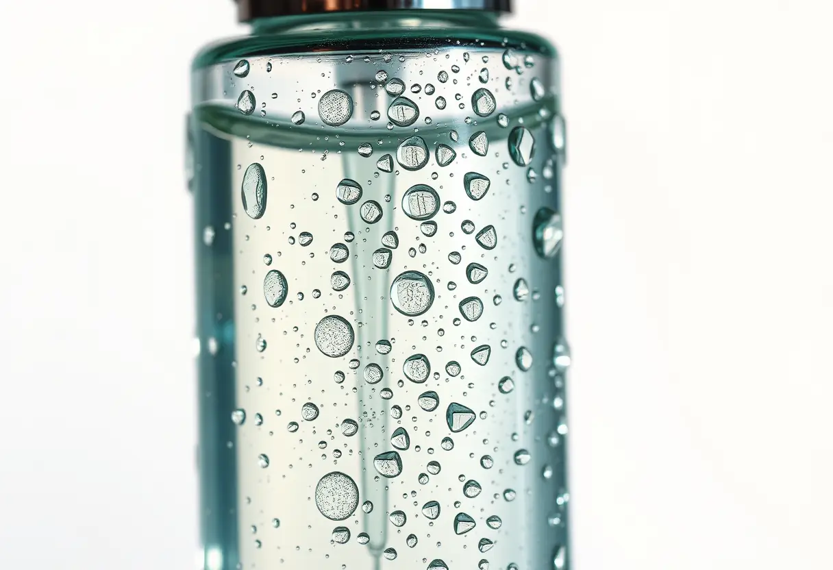 Des gouttelettes d'eau adhèrent à une bouteille en verre contenant un sérum hydratant, la lumière se reflète délicatement