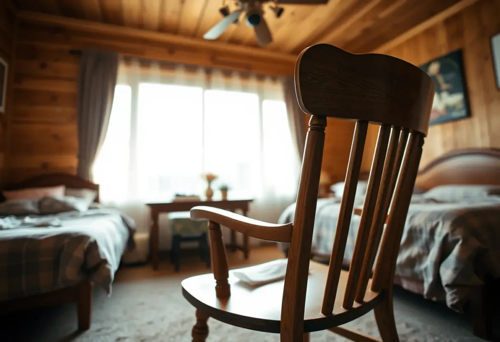 Main: Un fauteuil en bois dans une chambre accueillante, supportant les pensées quotidiennes