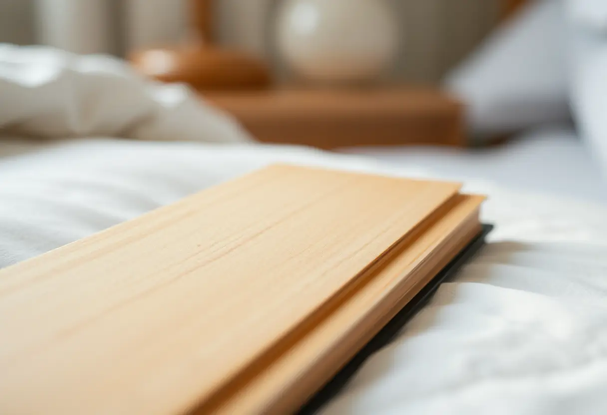 Main: Un marque-page en bois posé sur la table de nuit, symbole de temps pour la réflexion