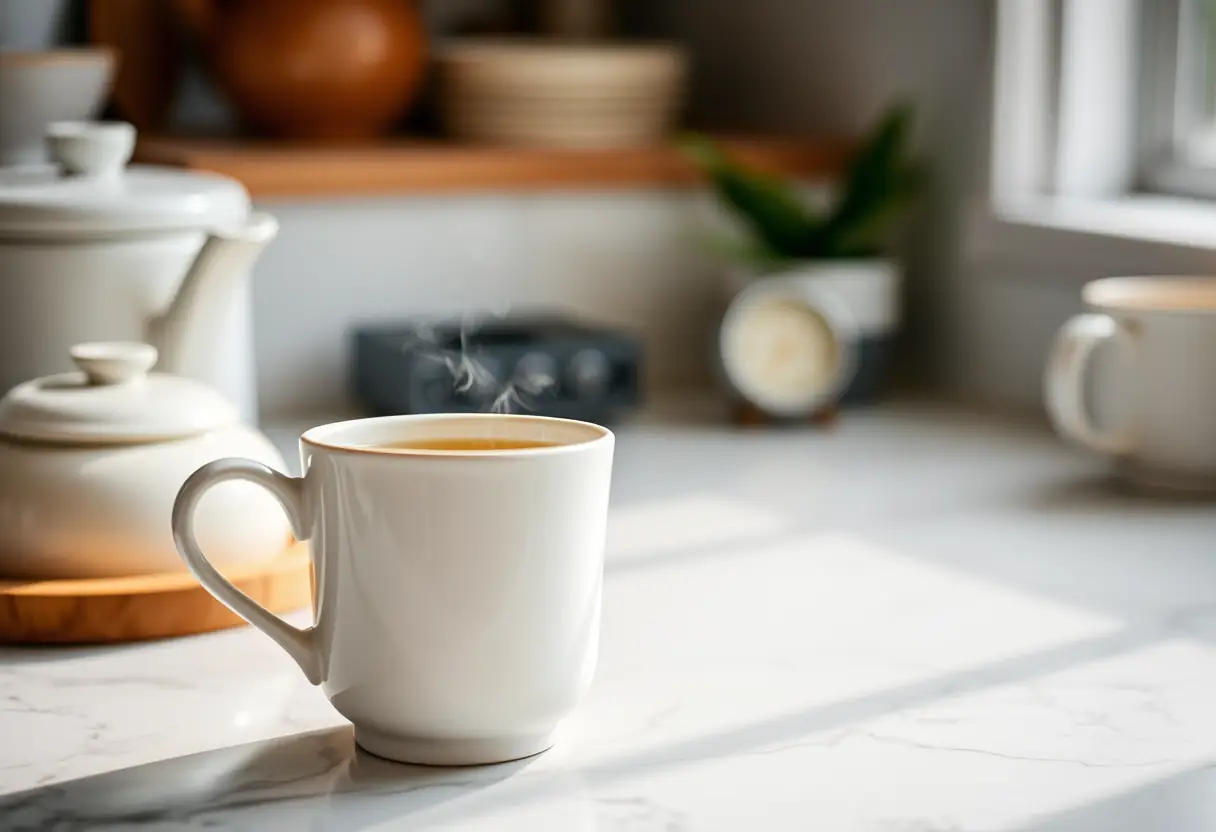 Un plateau de cuisine avec une tasse de thé chaude, évoquant chaleur et bien-être quotidien