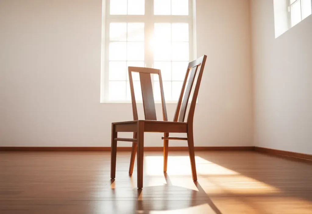 Un fauteuil en bois se trouve seul dans une grande pièce baignée de lumière, symbole de réflexion solitaire