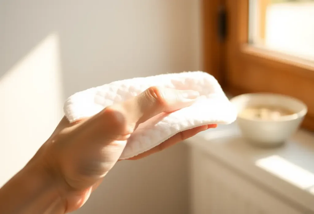 une main tenant doucement un tampon en coton, lumière chaude filtre à travers une fenêtre