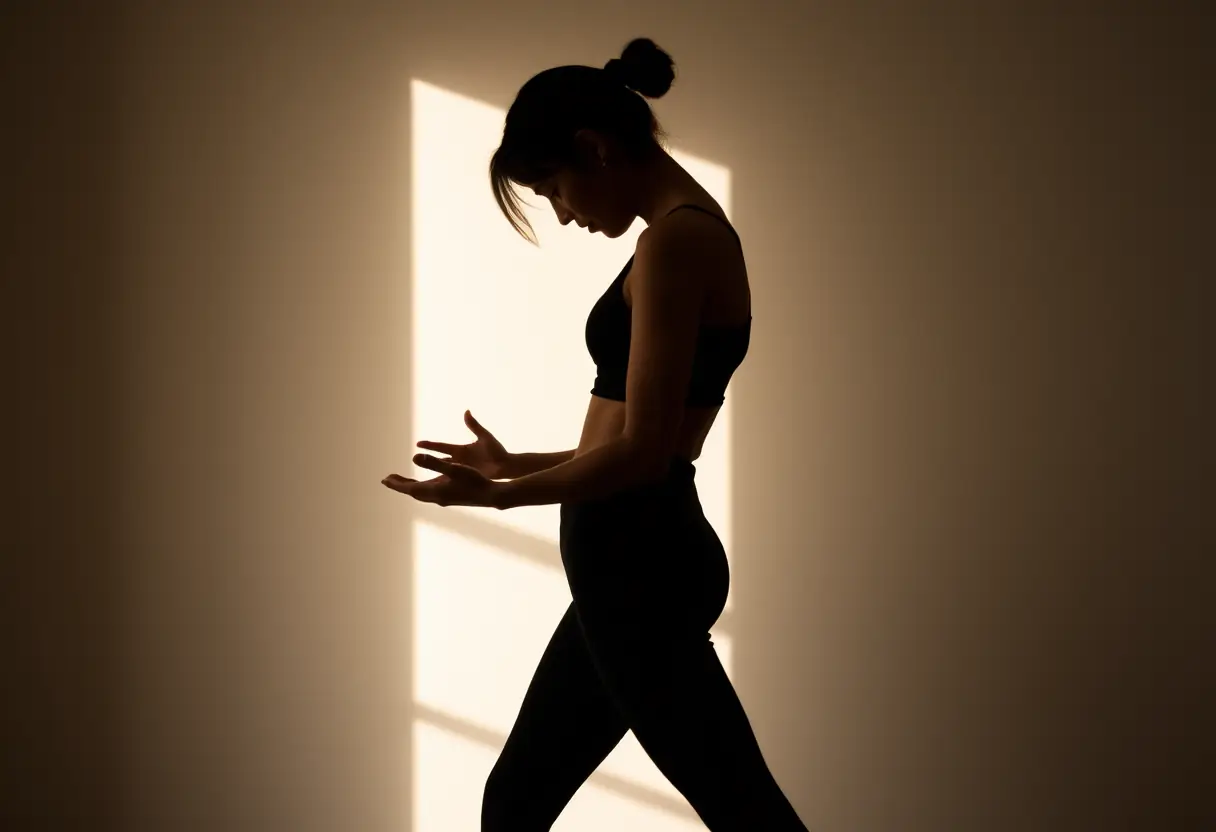 un profil d'une femme exécutant des exercices du plancher pelvien contre un mur, éclairée par une lumière diffuse et apaisante