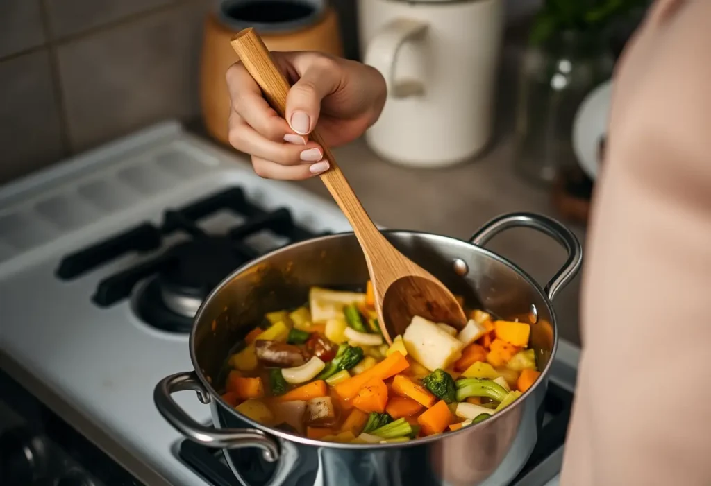 Une main féminine tient une cuillère en bois dans une cuisine
