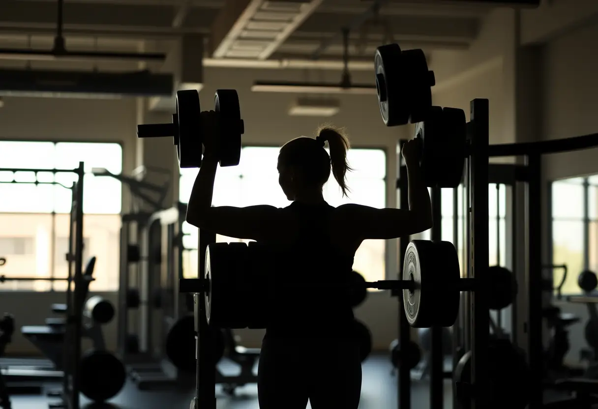 Un profil d'une femme s'entraînant avec des haltères dans un gymnase