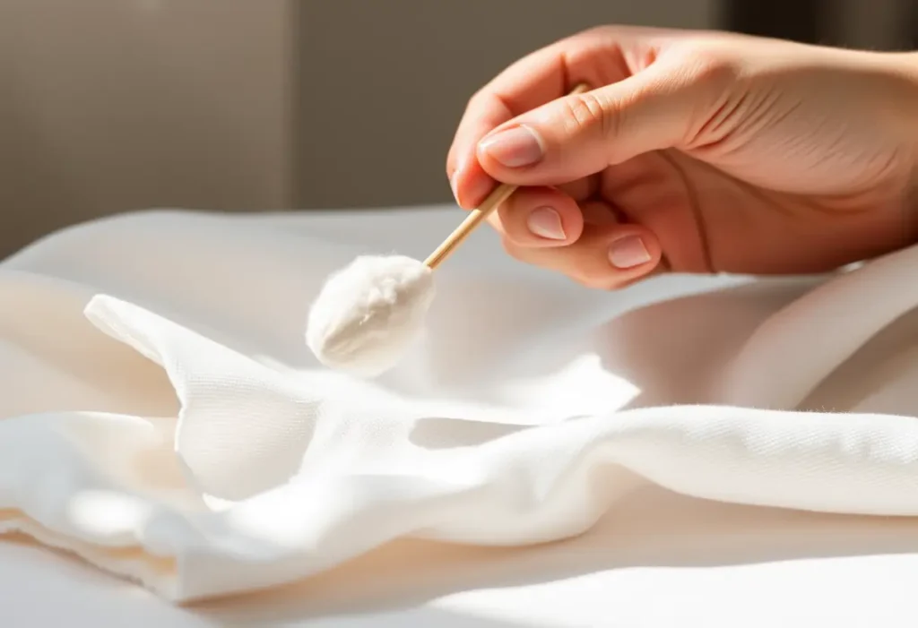 Une main tenant un coton-tige avec une substance blanche, posé sur un tissu blanc. Lumières douces mettant en valeur la texture