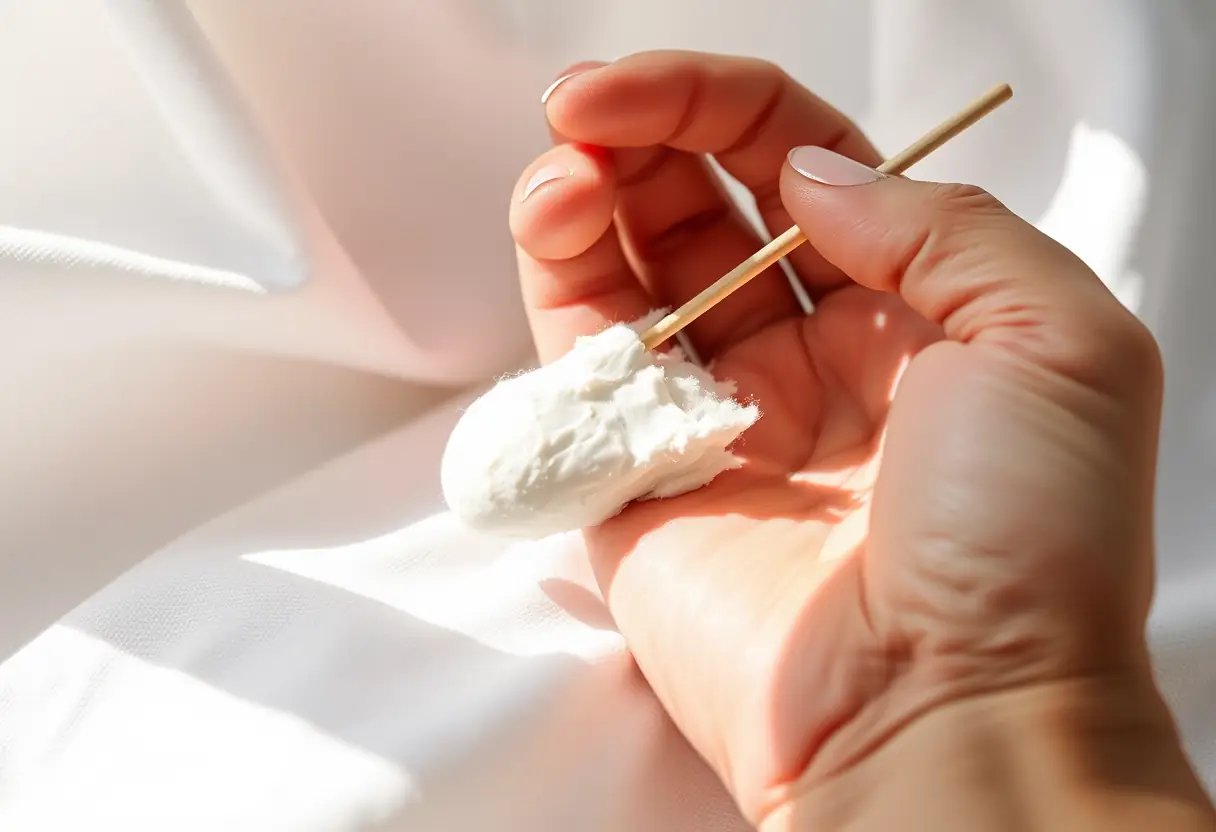 Une main tenant un coton-tige avec une substance blanche sur un tissu blanc.