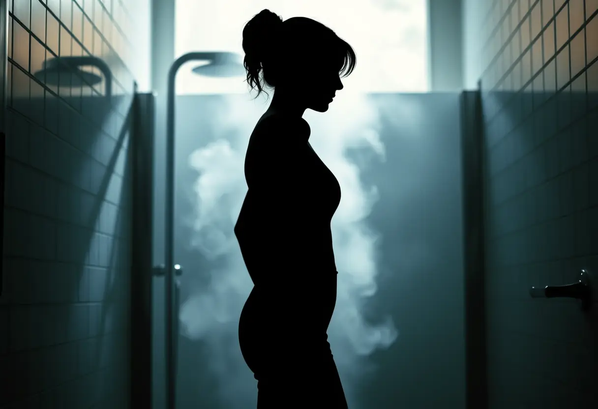 Un profil flou d'une femme debout dans une salle de bains avec de la vapeur s'échappant d'une douche