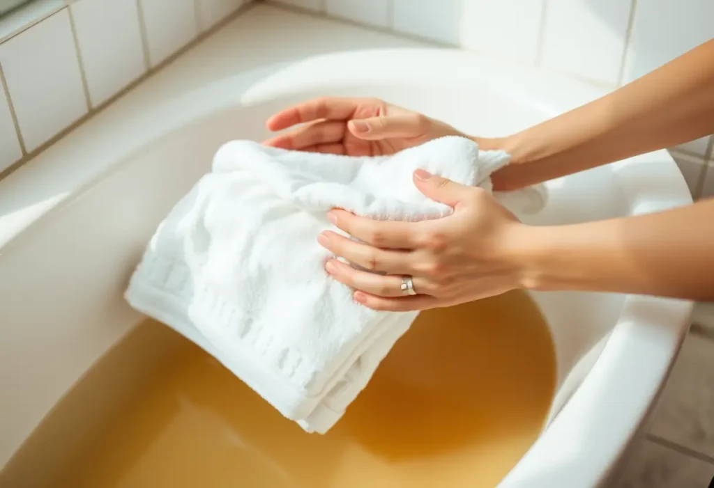Des mains qui plient doucement une serviette en coton blanc au-dessus d'une baignoire pleine d'eau chaude, dans une ambiance apaisante