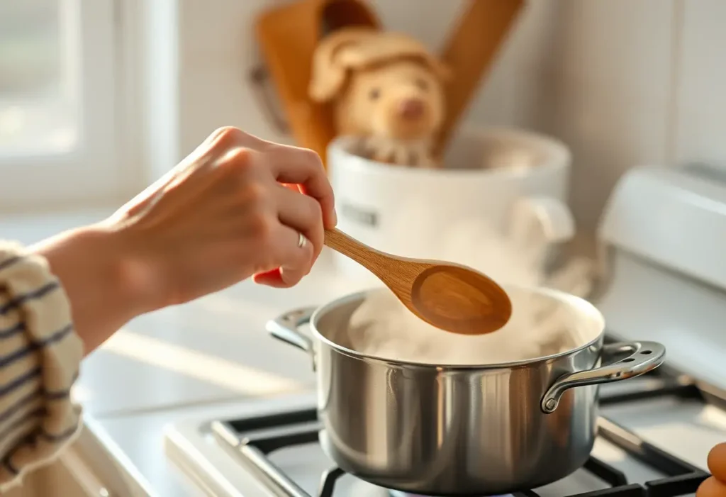 Une main féminine tient délicatement une cuillère en bois au-dessus d'une casserole, dans une atmosphère apaisante