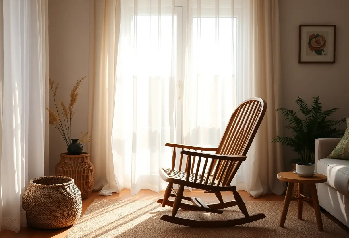 Un fauteuil en bois dans un salon accueillant, baigné par la lumière naturelle qui favorise la détente et la réflexion