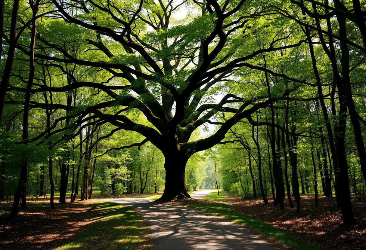 Un grand arbre vert aux branches étalées jette des ombres sur un chemin de forêt apaisante, évoquant croissance et stabilité